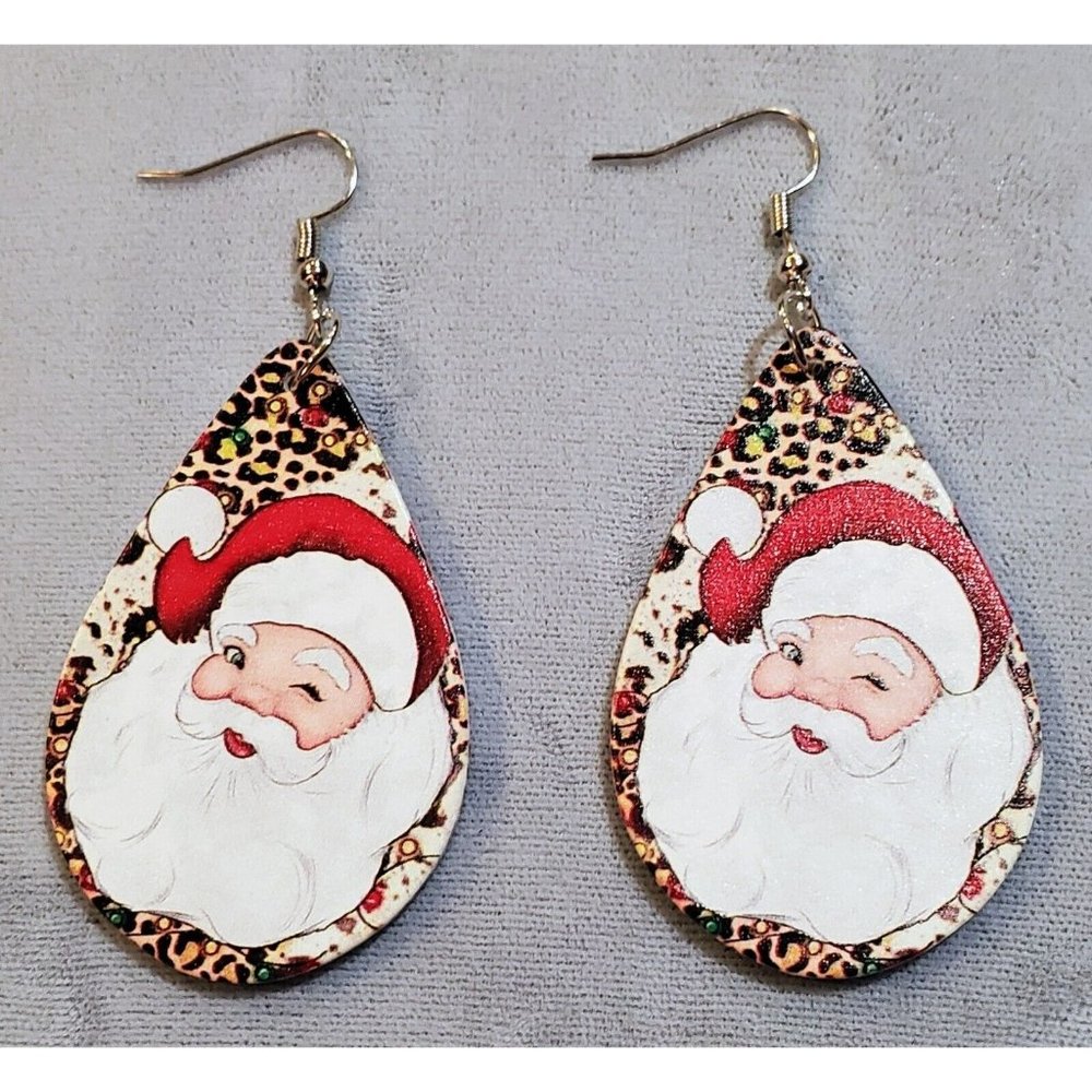 CHRISTMAS Santa Cheetah Print Wooden Dangle Earrings Teardrop Holiday Festive 3"